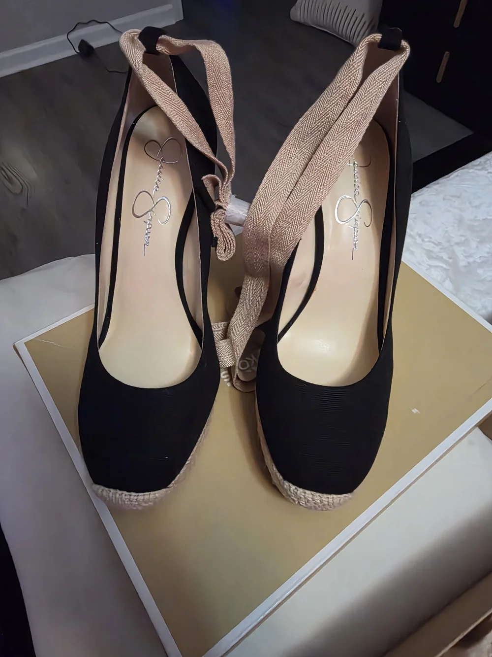 Jessica Simpson Black Wedge Espadrilles with Blush Ankle Ties